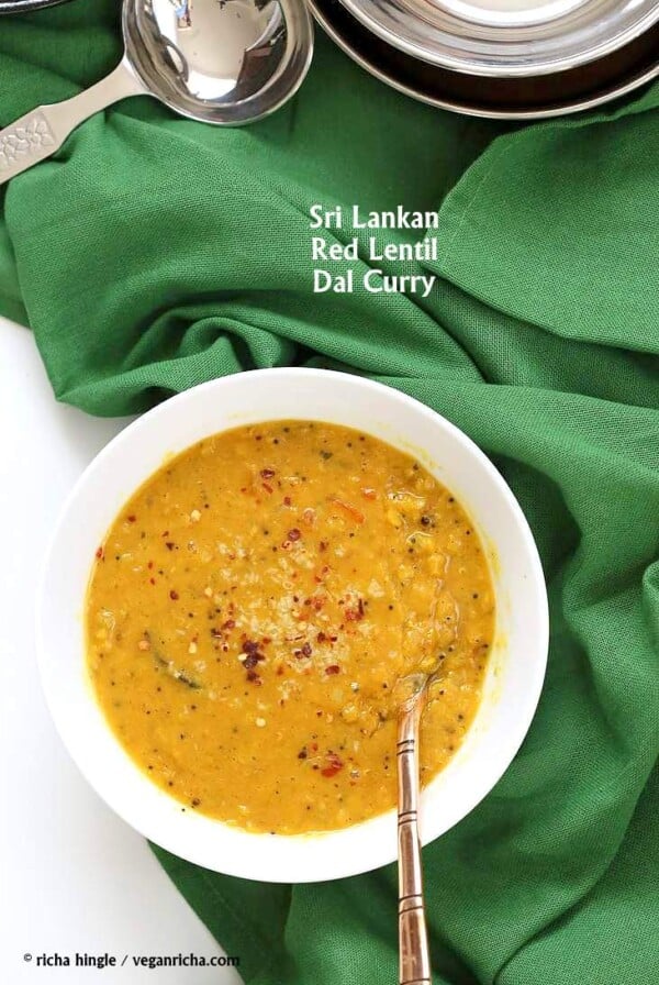 Sri Lankan Red Lentil Curry. Creamy Dal curry Spiced with fenugreek seeds, cinnamon, black peppercorns | https://VeganRicha.com #vegan #easy #glutenfree #soyfree #lentils #dal #recipe #veganricha