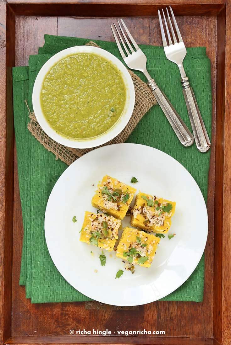 Chickpea flour Snack Cakes - Khaman Dhokla Recipe | https://veganricha.com #vegan #glutenfree #soyfree #snack #breakfast