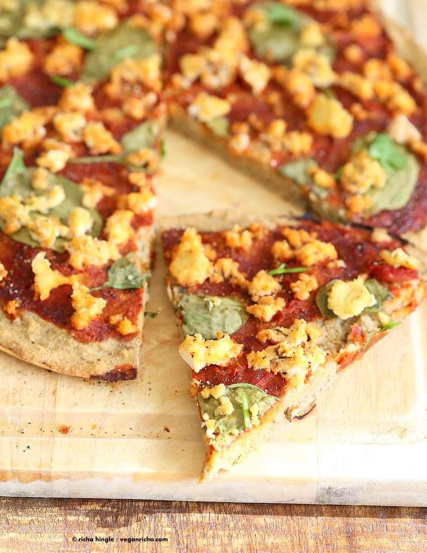 Gluten free Yeast free Vegan Pizza Crust Recipe. Easy Gluten-free Pizza Crust which is also Gum-free Soy-free and Nut-free | https://veganricha.com #glutenfree #vegan #pizza #yeastfree #chickpeaflour