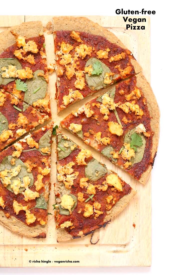 Gluten free Yeast free Vegan Pizza Crust Recipe. Easy Gluten-free Pizza Crust which is also Gum-free Soy-free and Nut-free. Chickpea flour Crust. | https://veganricha.com #glutenfree #vegan #pizza #yeastfree #chickpeaflour