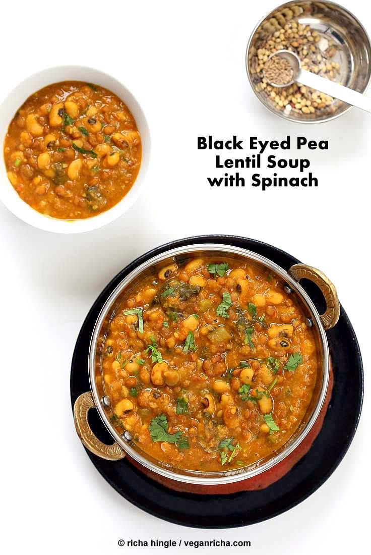 Lentil Black Eyed Pea soup with Greens | https://veganricha.com #vegan #glutenfree #soup #Indian #blackeyedpea #lentil