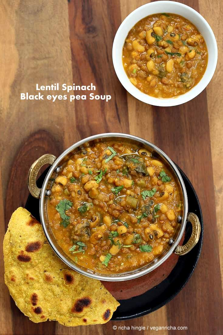 Lentil Black Eyed Pea soup with Greens | https://veganricha.com #vegan #glutenfree #soup #Indian #blackeyedpea #lentil