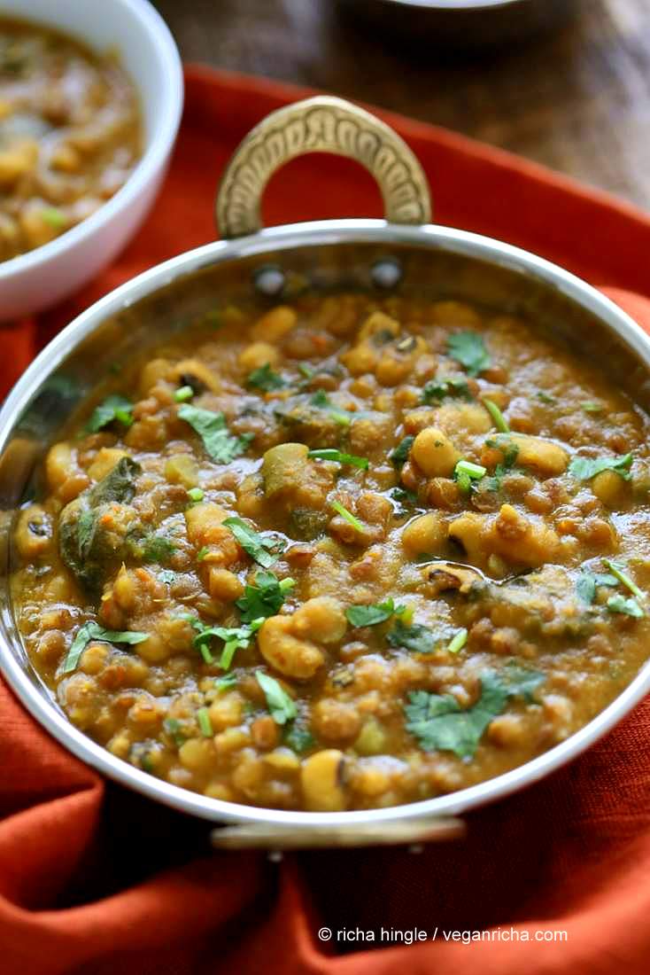 Lentil Black Eyed Pea soup with Greens | https://veganricha.com #vegan #glutenfree #soup #Indian #blackeyedpea #lentil