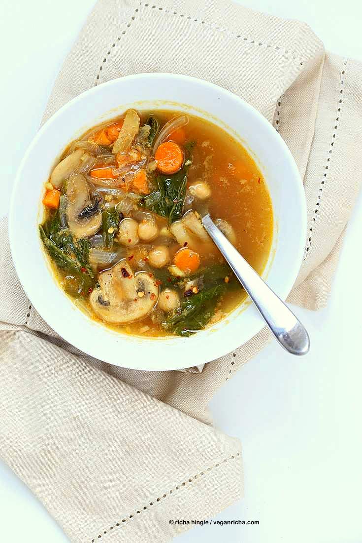 Mushroom Chickpea Soup with Veggies, greens. Winter Brothy soup with spices | VeganRicha.com #vegan #soup #glutenfree