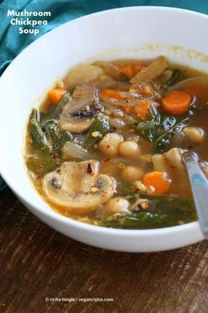 Mushroom Chickpea Soup with Veggies, greens. Winter Brothy soup with spices | VeganRicha.com #vegan #soup #glutenfree