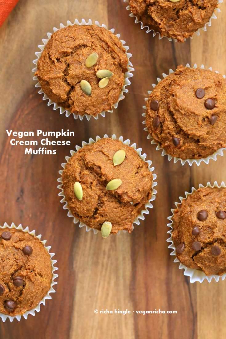 One Bowl Vegan Pumpkin Cream Cheese Muffins | https://veganricha.com #pumpkin #fall #spices #vegan #breakfast #muffin These muffins have pumpkin puree, pumpkin pie spices, all whole grain flour and are filled with vegan cream cheese in the center!