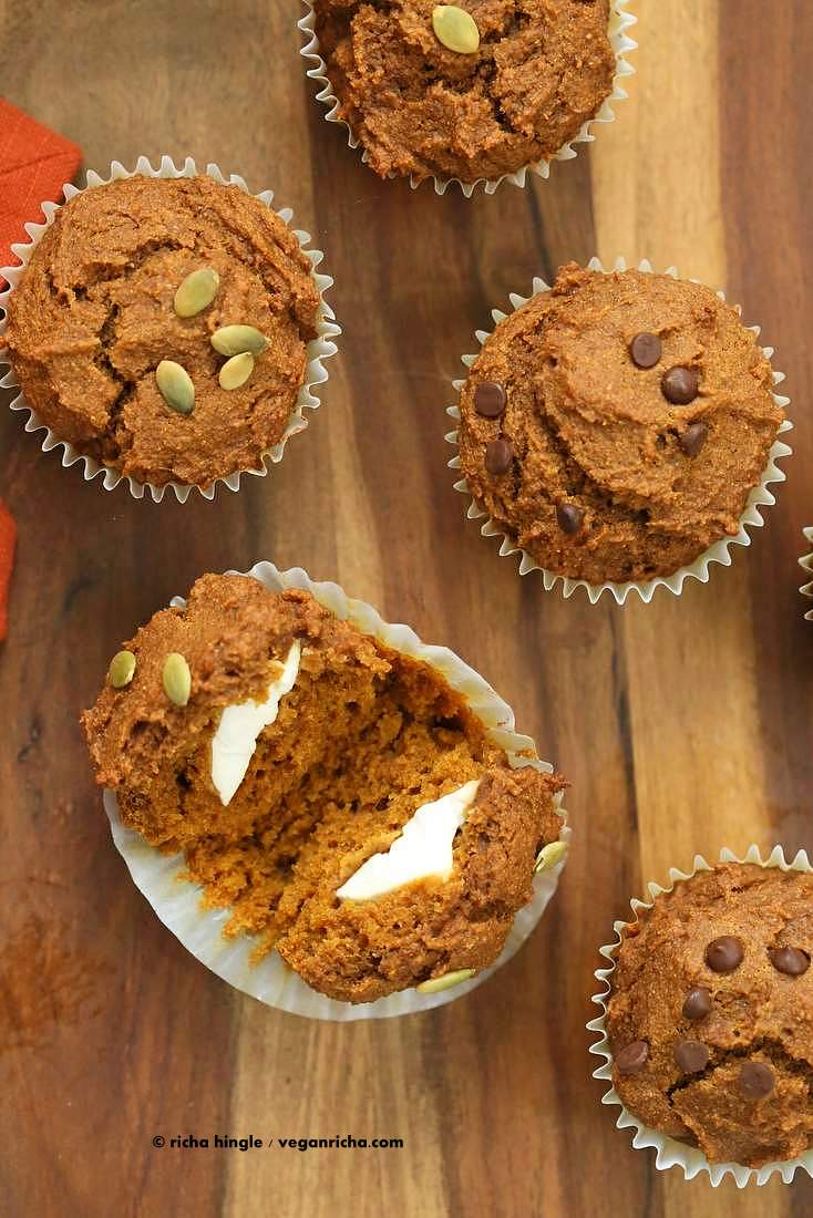 One Bowl Vegan Pumpkin Cream Cheese Muffins | https://veganricha.com #pumpkin #fall #spices #vegan #breakfast #muffin These muffins have pumpkin puree, pumpkin pie spices, all whole grain flour and filled with vegan cream cheese in the center!