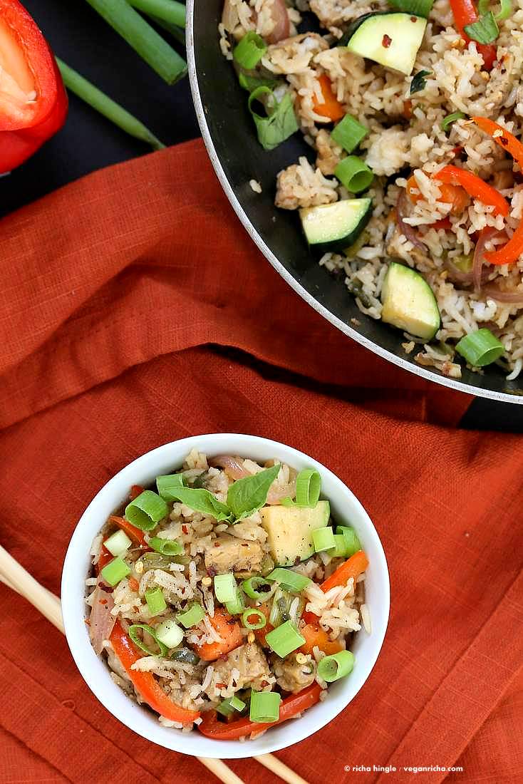 Vegan Thai Basil fried rice with veggies, marinated Tempeh and thai basil | VeganRicha.com #vegan #glutenfree #recipe