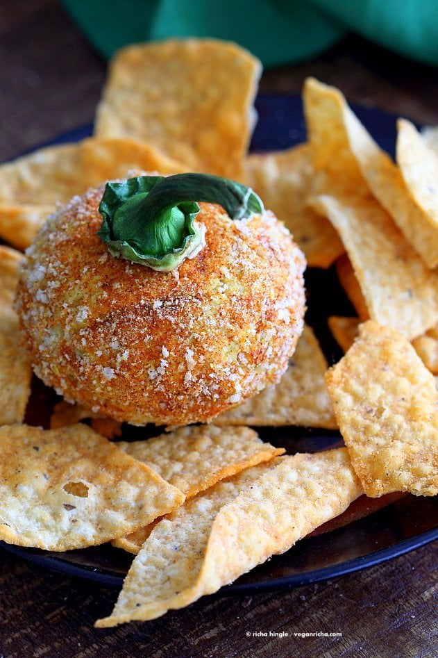 Vegan Cheese Ball No Nuts Cheddar Cheese ball for Halloween. Shape like pumpkin or make a Jack o lantern. | VeganRicha.com #Vegan #Cheese #Recipe #dairyfree #soyfree