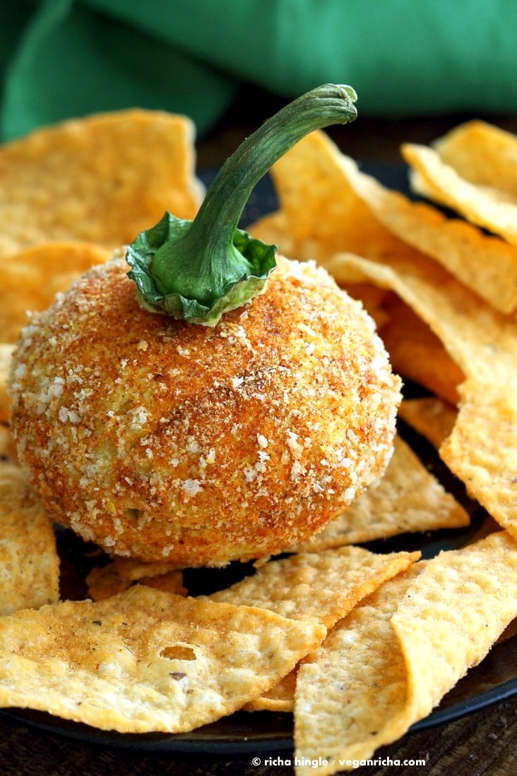Vegan Cheese Ball. Nut-free Cheddar Cheese ball for Halloween. Shape like pumpkin or make a Jack o lantern. | VeganRicha.com #Vegan #Cheese #Recipe #dairyfree #soyfree