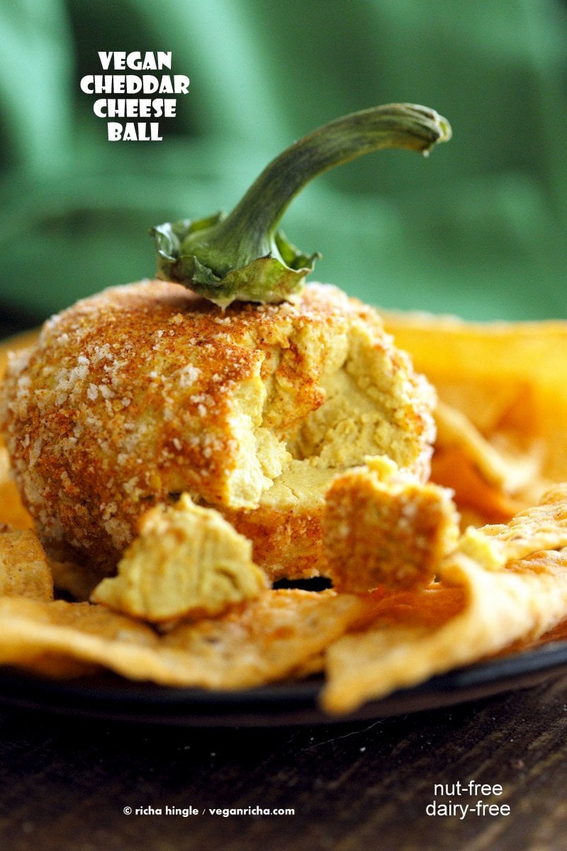 Vegan Cheese Ball no nuts. Nut-free Cheddar Cheese ball for Halloween. Shape like pumpkin or make a Jack o lantern. | VeganRicha.com #Vegan #Cheese #Recipe #dairyfree #soyfree