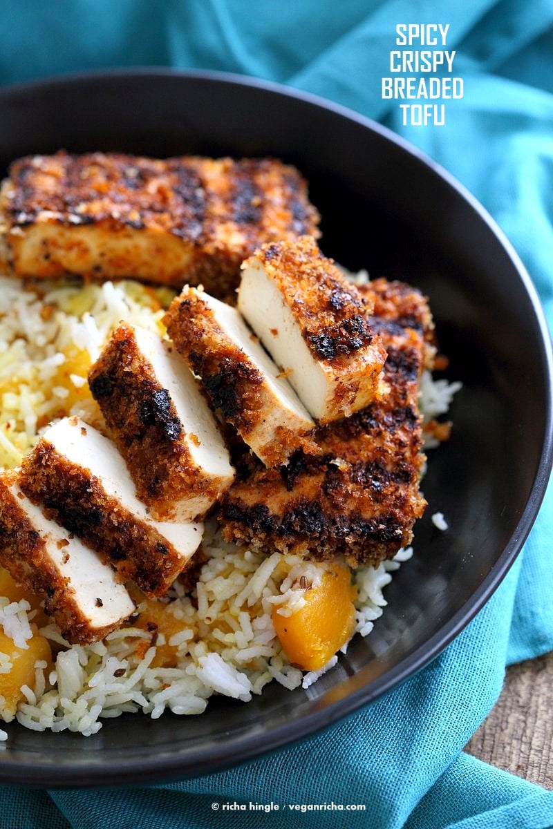 Spicy Crispy Breaded Tofu Strips. Vegan Breaded Tofu. Marinated Tofu breaded and grilled or baked. Flavorful and easy. | VeganRicha.com #Vegan #Holiday #Side.