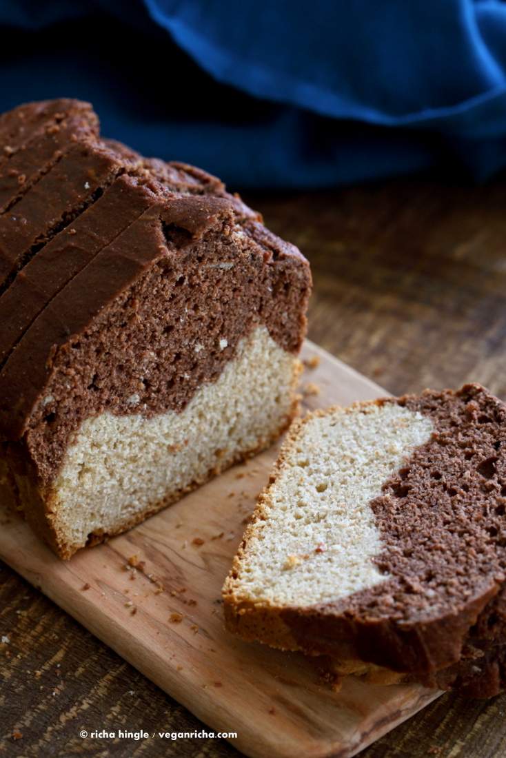 Vegan Cream Cheese Pound Cake. Marbled Vanilla Chocolate Cake. This pound cake is moist and dense | VeganRicha.com #vegan #cake #recipe.