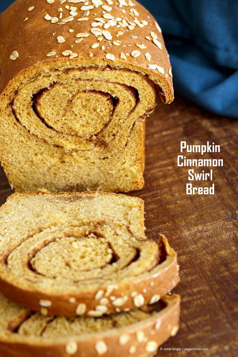 Pumpkin Cinnamon Swirl Bread! Pumpkin Sandwich bread with a swirl of cinnamon and sugar. Yeasted Loaf. | VeganRicha.com #vegan #breakfast #recipe