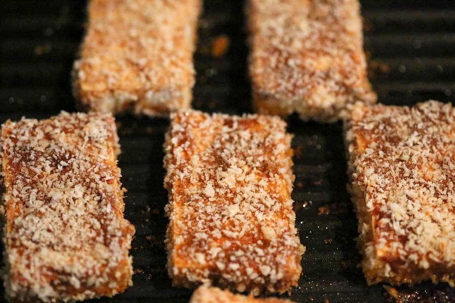 Spicy Crispy Breaded Tofu Strips. Marinated Tofu breaded and grilled or baked. Flavorful and easy. | VeganRicha.com #Vegan #Holiday #Side.