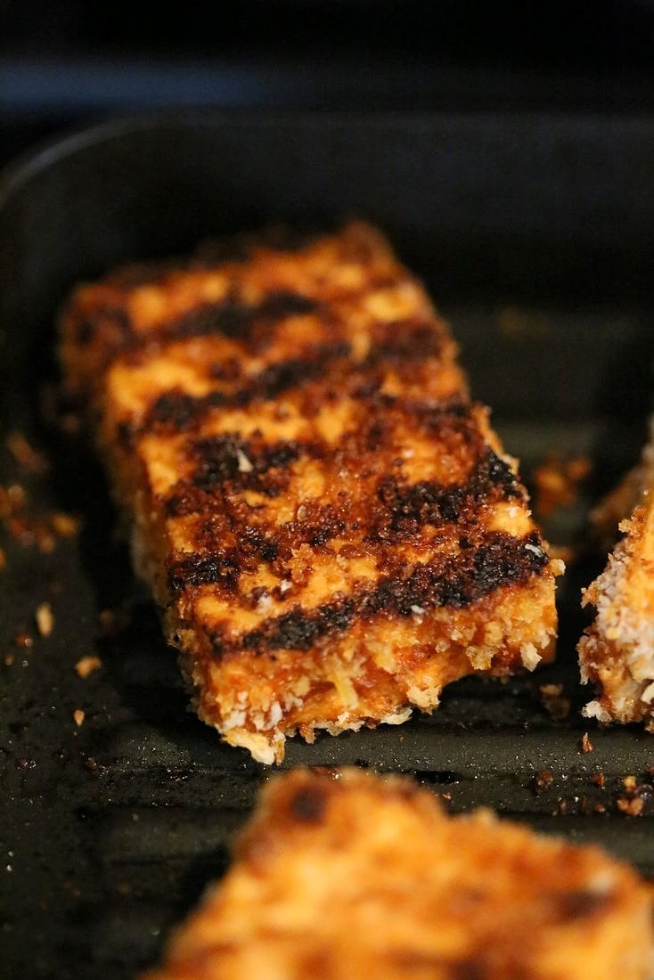 Spicy Crispy Breaded Tofu Strips. Marinated Tofu breaded and grilled or baked. Flavorful and easy. | VeganRicha.com #Vegan #Holiday #Side.