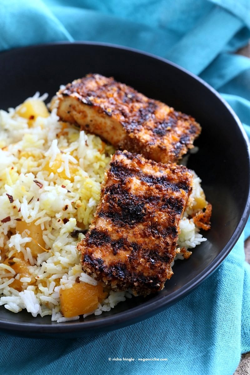 Spicy Crispy Breaded Tofu Strips. Marinated Tofu breaded and grilled or baked. Flavorful and easy. | VeganRicha.com #Vegan #Holiday #Side.