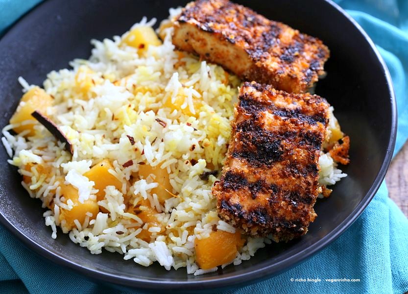 butternut squash pilaf - breaded tofu steak 0969