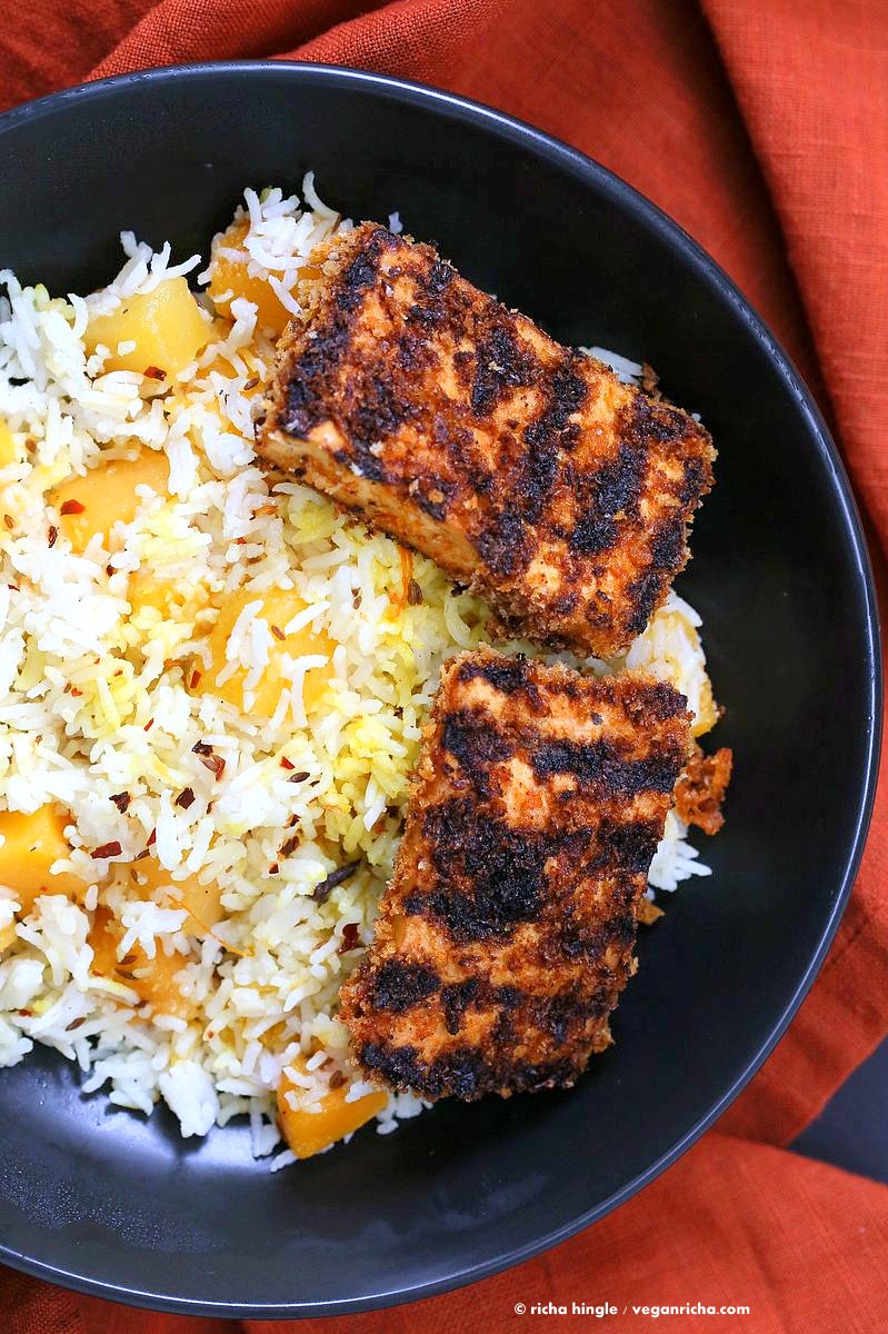 Spicy Crispy Breaded Tofu Strips. Marinated Tofu breaded and grilled or baked. Flavorful and easy. | VeganRicha.com #Vegan #Holiday #Side.