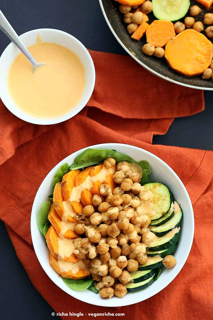 Shawarma Chickpea Sweet Potato Buddha Bowl w/ lemon tahini dressing | https://VeganRicha.com #vegan #glutenfree #soyfree #nutfree #recipe