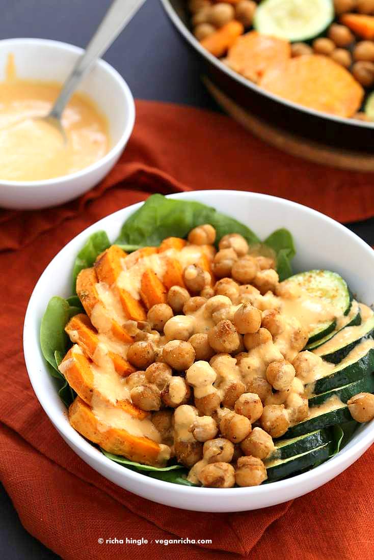 Shawarma Chickpea Sweet Potato Buddha Bowl w/ lemon tahini dressing | https://VeganRicha.com #vegan #glutenfree #soyfree #nutfree #recipe