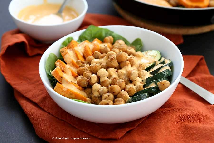 Shawarma Chickpea Sweet Potato Buddha Bowl w/ lemon tahini dressing | https://VeganRicha.com #vegan #glutenfree #soyfree #nutfree #recipe
