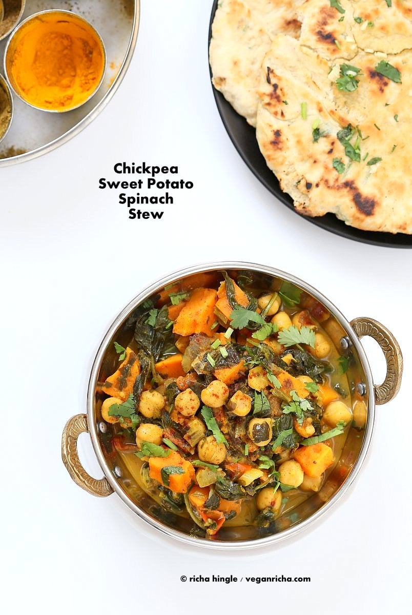 Easy One Pot Chickpea Sweet potato Spinach Curry with Indian Spices. Use spices of choice, pumpkin or other squash and other beans. | VeganRicha.com #vegan #glutenfree #soyfree #recipe