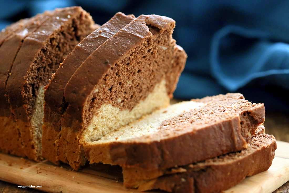 Vegan Cream Cheese Pound Cake. Marbled Vanilla Chocolate Cake. This pound cake is moist and dense | VeganRicha.com #vegan #cake #recipe.