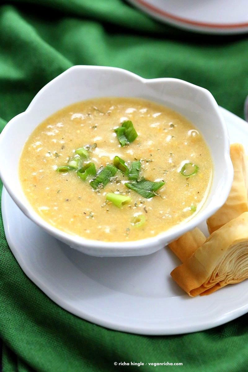 Vegan Chipotle Corn Chowder. Sweet and Spicy Corn Chowder with a garnish of pimientos and parsley. | VeganRicha.com #vegan #glutenfree #recipe