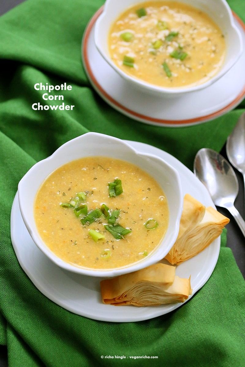 Vegan Chipotle Corn Chowder. Sweet and Spicy Corn Chowder with a garnish of pimientos and parsley. | VeganRicha.com #vegan #glutenfree #recipe