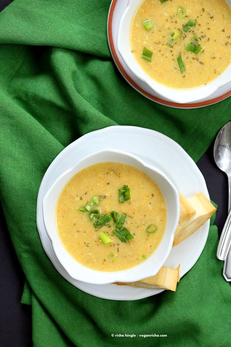 Vegan Chipotle Corn Chowder. Sweet and Spicy Corn Chowder with a garnish of pimientos and parsley. | VeganRicha.com #vegan #glutenfree #recipe