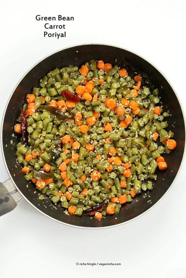 Carrot Green Beans Poriyal. Easy Green Beans Carrot Coconut stir fry side. South Indian Beans Coconut Poriyal Recipe. | VeganRicha.com #vegan #glutenfree #soyfree #indian #veganricha