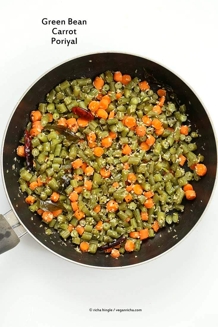 Carrot Green Beans Poriyal. Easy Green Beans Carrot Coconut stir fry side. South Indian Beans Coconut Poriyal Recipe. | VeganRicha.com #vegan #glutenfree #soyfree #indian