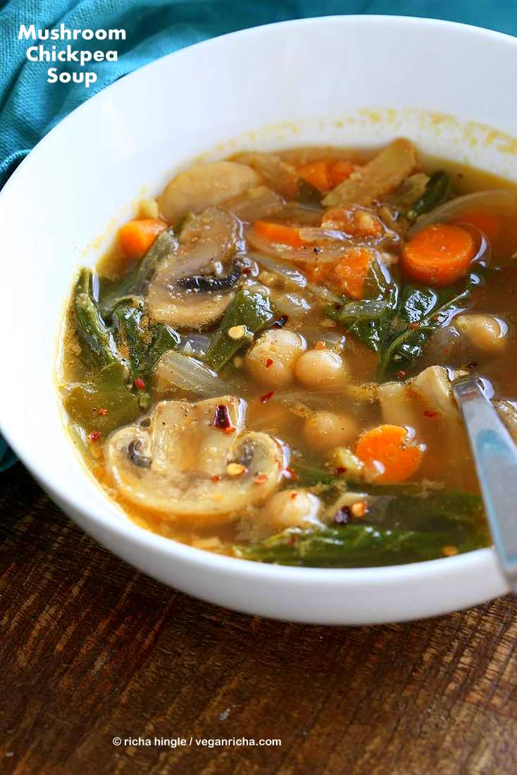 Mushroom Chickpea Soup with Veggies, greens. Winter Brothy soup with spices | VeganRicha.com #vegan #soup #glutenfree