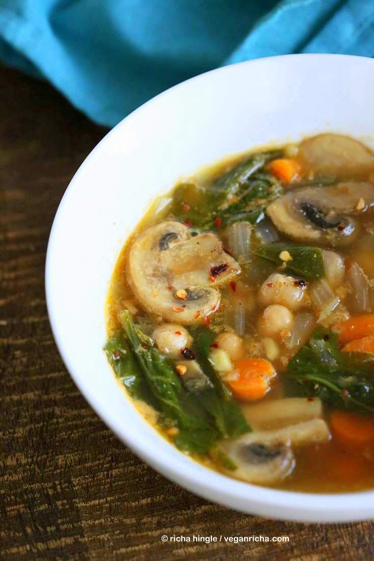 Mushroom Chickpea Soup with Veggies, greens. Winter Brothy soup with spices | VeganRicha.com #vegan #soup #glutenfree