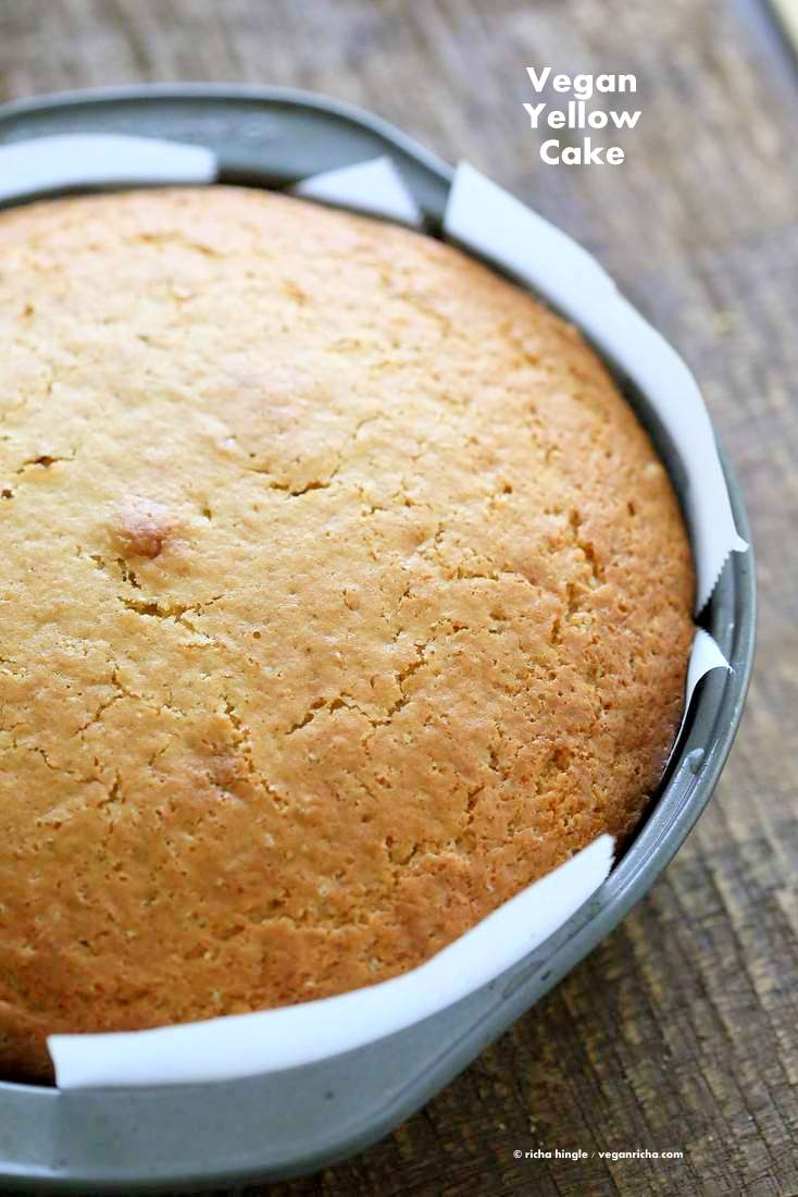 Easy Vegan Yellow Cake Recipe. Make any Number of layers, use frosting of choice to make layered birthday cake or holiday cake. | VeganRicha.com #Vegan #Soyfree #Cake #Recipe