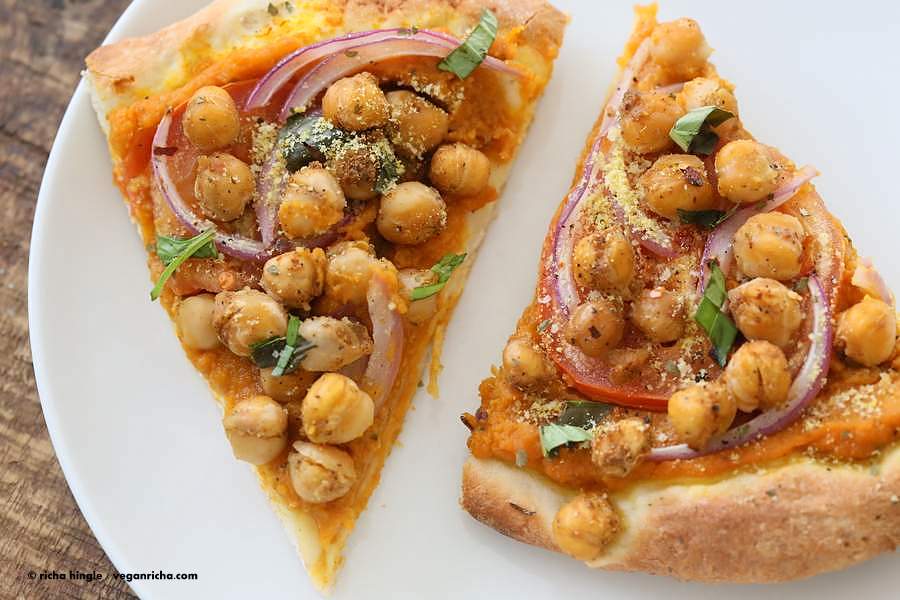 Chickpea Pumpkin Veggie Pizza with Basic Pizza crust. Pumpkin sauce spiced with herbs and spices, topped with spicy chickpeas, veggies and pepita parmesan | VeganRicha.com #vegan #pumpkin #chickpea #pizza #fall
