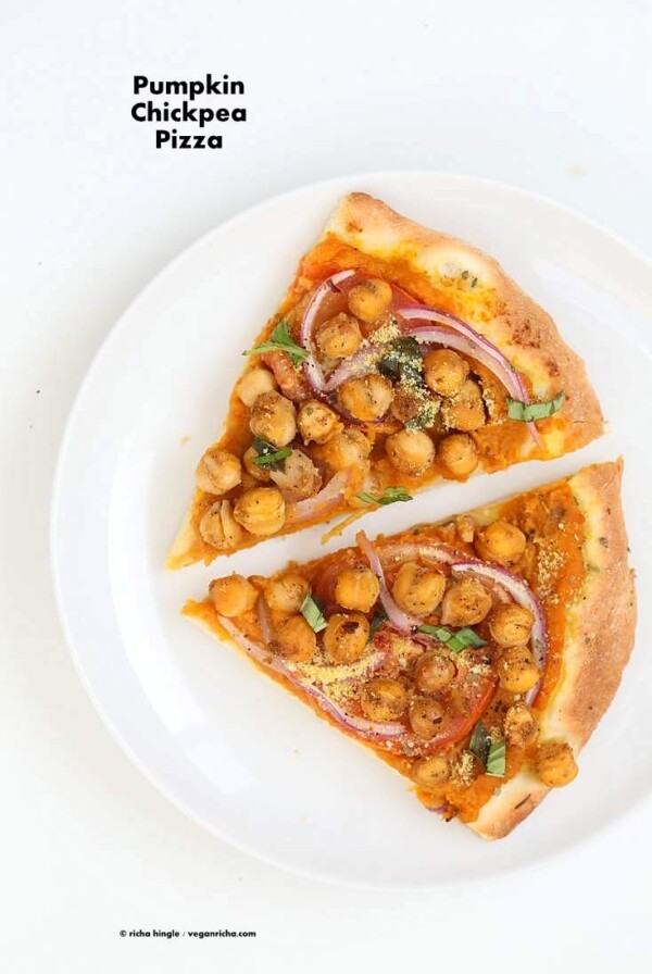 Chickpea Pumpkin Veggie Pizza with Basic Pizza crust. Pumpkin sauce spiced with herbs and spices, topped with spicy chickpeas, veggies and pepita parmesan | VeganRicha.com #vegan #pumpkin #chickpea #pizza #fall #veganricha