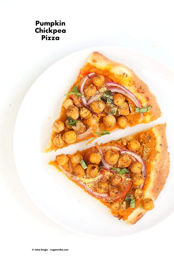 Chickpea Pumpkin Veggie Pizza with Basic Pizza crust. Pumpkin sauce spiced with herbs and spices, topped with spicy chickpeas, veggies and pepita parmesan | VeganRicha.com #vegan #pumpkin #chickpea #pizza #fall