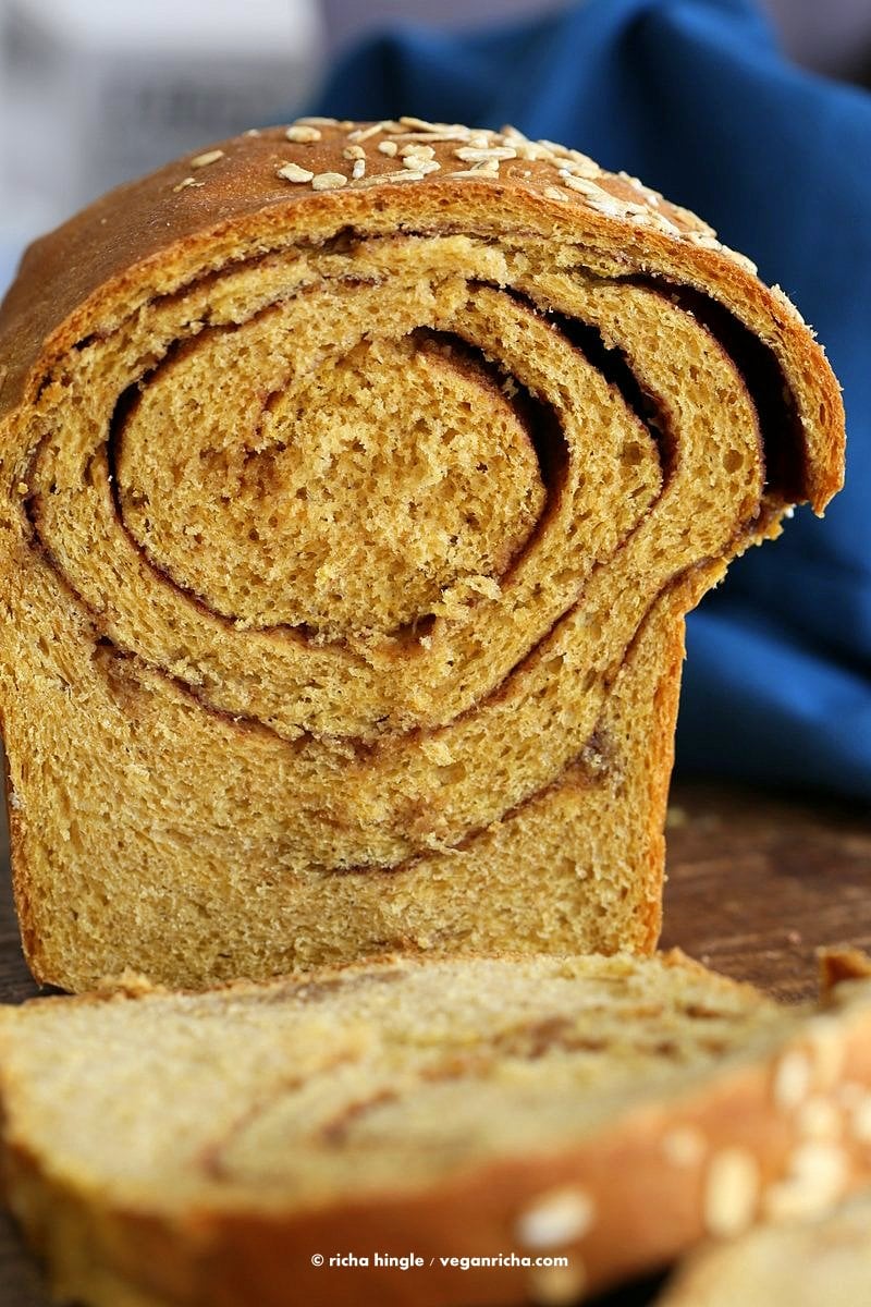 Pumpkin Cinnamon Swirl Bread! Pumpkin Sandwich bread with a swirl of cinnamon and sugar. Yeasted Loaf. | VeganRicha.com #vegan #breakfast #recipe