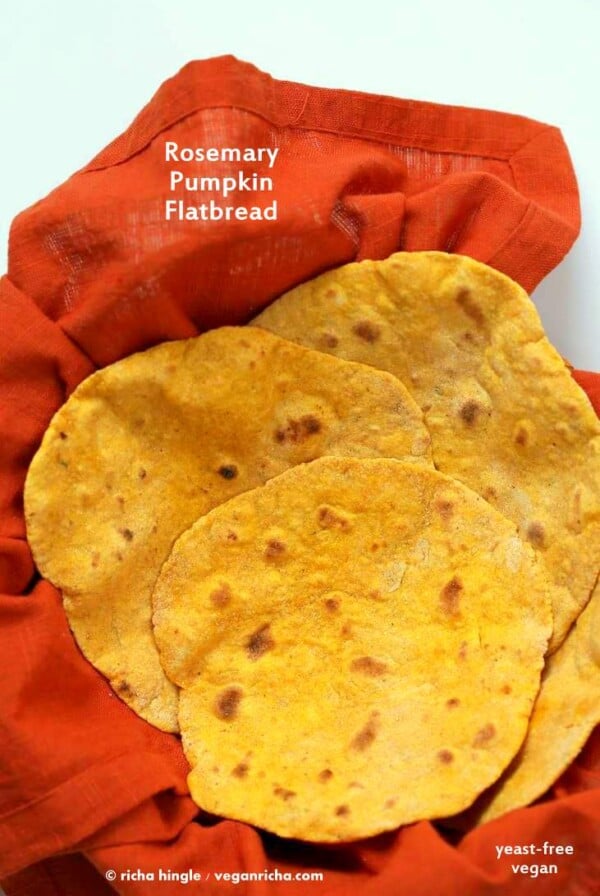 Rosemary Pumpkin Flatbread. Yeast-free Pumpkin flat bread with herbs. Use as side or to make wraps. #Vegan #Recipe. VeganRicha.com #veganricha