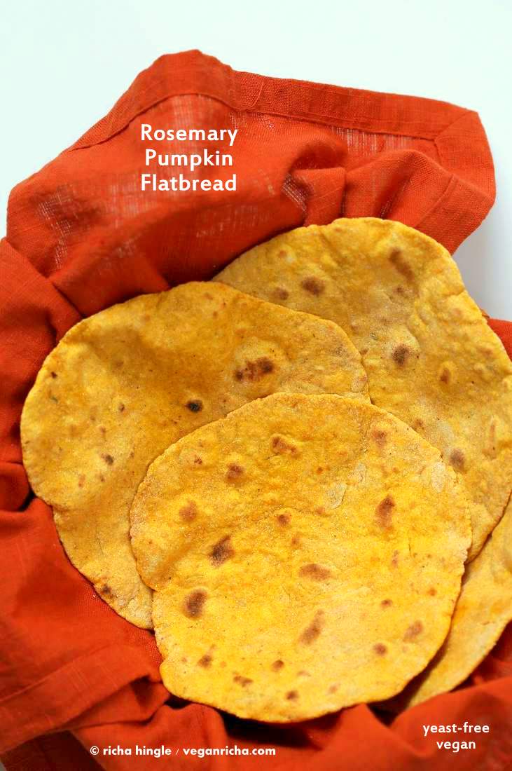 Rosemary Pumpkin Flatbread. Yeast-free Pumpkin flat bread with herbs. Use as side, as tortillas or to make wraps. #Vegan #Recipe. VeganRicha.com