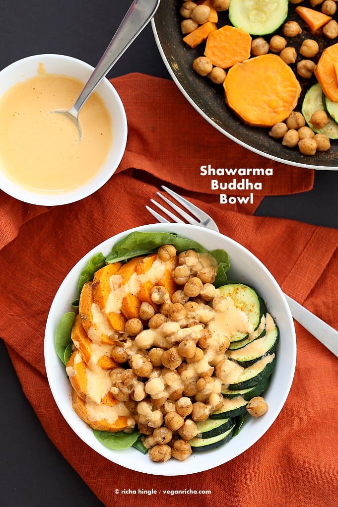 Shawarma Chickpea Sweet Potato Buddha Bowl w/ lemon tahini dressing | https://VeganRicha.com #vegan #glutenfree #soyfree #nutfree #recipe
