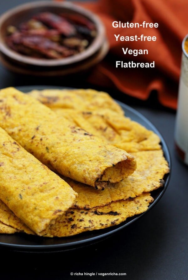 Easy Yeast-free Sweet Potato Vegan Gluten free flatbread. Sweet Potato flatbread with chickpea flour, rice flour and psyllium husk. #Eggless #vegan Oat-free #Recipe | VeganRicha.com #vegan #glutenfree #veganricha