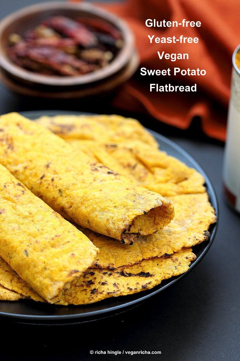 Easy Yeast-free Sweet Potato Vegan Gluten free flatbread. Sweet Potato flatbread with chickpea flour, rice flour and psyllium husk. #Eggless #vegan Oat-free #Recipe | VeganRicha.com