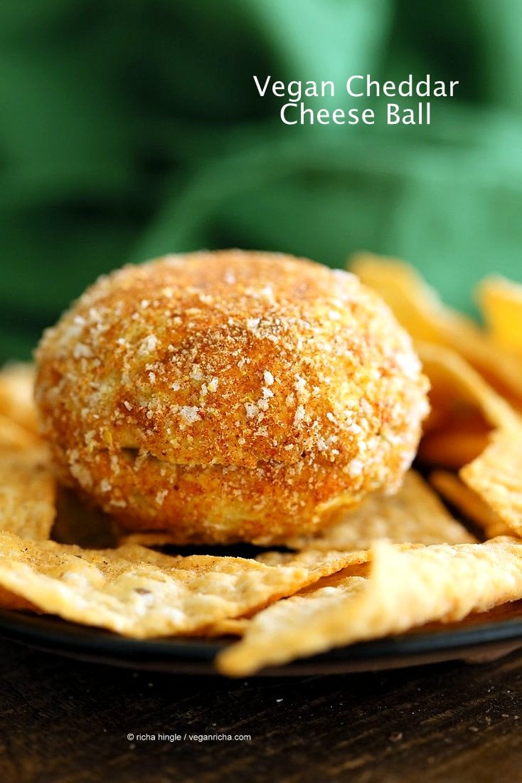 Vegan Cheese Ball No Nuts. Nut-free Cheddar Cheese ball for Halloween. Shape like pumpkin or make a Jack o lantern. | VeganRicha.com #Vegan #Cheese #Recipe #dairyfree #soyfree