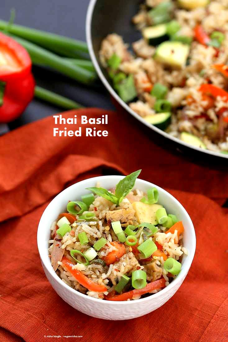 Vegan Thai Basil fried rice with veggies, marinated Tempeh and thai basil | VeganRicha.com #vegan #glutenfree #recipe