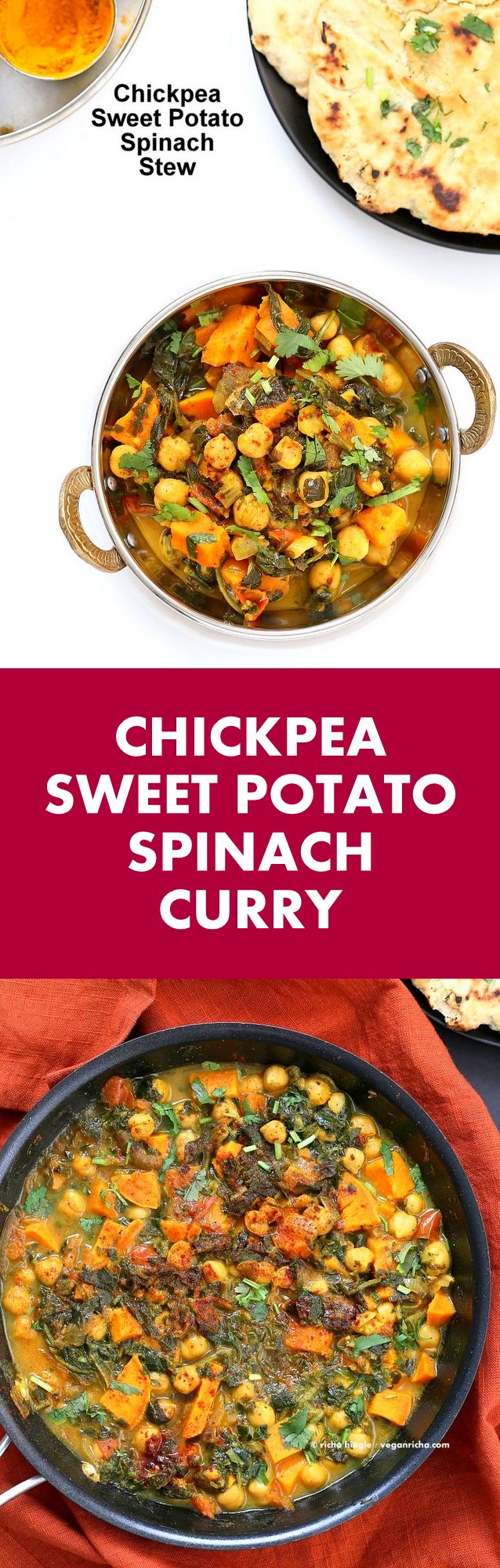 Easy One Pot Chickpea Sweet potato Spinach Curry with Indian Spices. Use spices of choice, pumpkin or other squash and other beans. | VeganRicha.com #vegan #glutenfree #soyfree #recipe