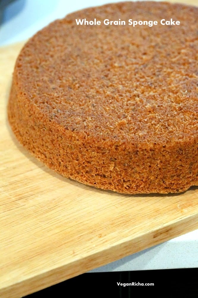 Vegan Sponge Cake Recipe . This Sponge Cake is whole grain, soft, moist and easy. Add vanilla or zest of choice. Makes amazing layer cakes. Makes two skinny 8 inch pans. Free of Dairy, egg, yeast, nut. Can be made corn-free. | VeganRicha.com