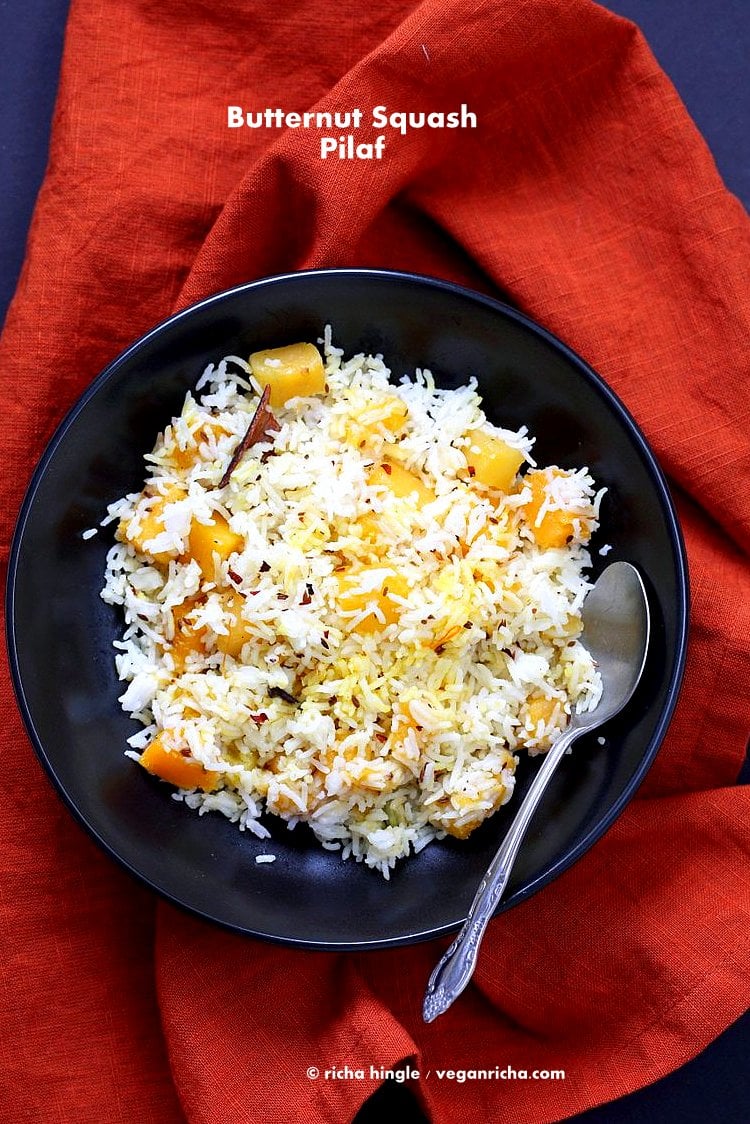 Butternut Squash Pilaf with Whole Spices - Cardamom, cloves, cinnamon. Use other squash or pumpkin and spices of choice. | VeganRicha.com #Vegan #Glutenfree #Holiday #side #Recipe